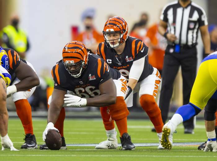 Feb 13, 2022; Inglewood, CA, USA; Cincinnati Bengals center Trey Hopkins (66) prepares to snap the ball to quarterback Joe Burrow (9) against the Los Angeles Rams during Super Bowl LVI at SoFi Stadium.